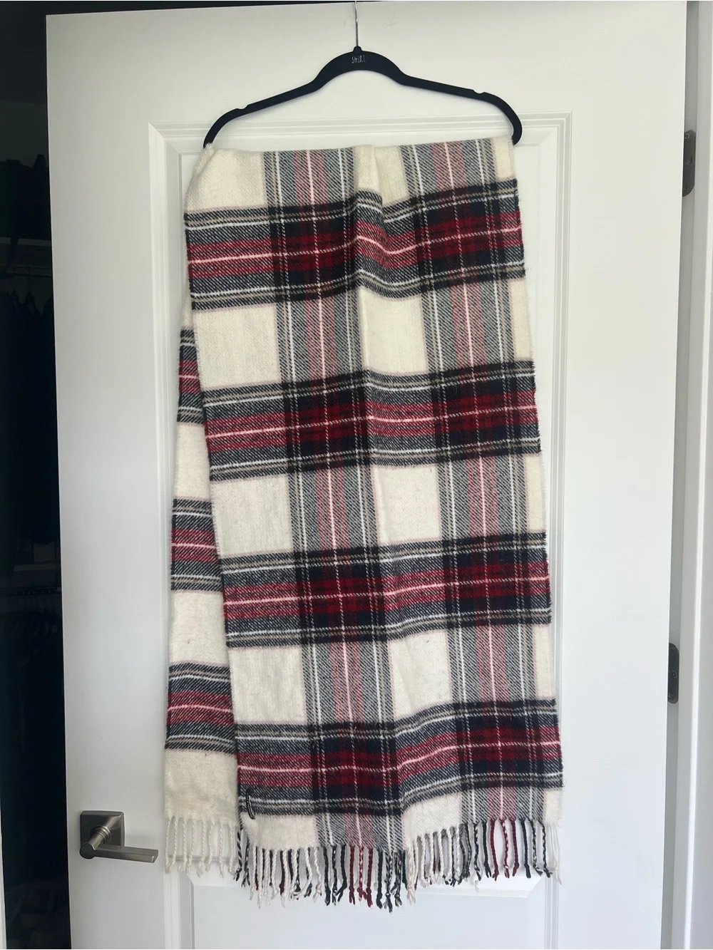 Abercrombie & Fitch Ivory Plaid Fringe Scarf with Red and Black